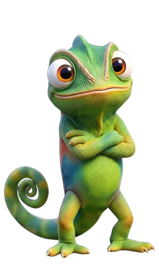 Nex, de kameleon van Unexus, staat met zijn armen over elkaar