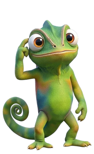 Nex, de kameleon van Unexus, denkt na met een vinger aan zijn slaap
