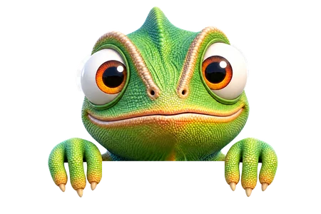 Nex, de kameleon van Unexus, kijkt over de rand