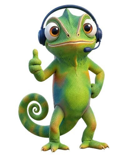 Nex, de kameleon van Unexus, geeft een duim omhoog met een headset op