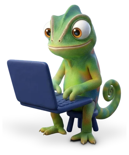 Nex, de kameleon van Unexus, zit met een laptop