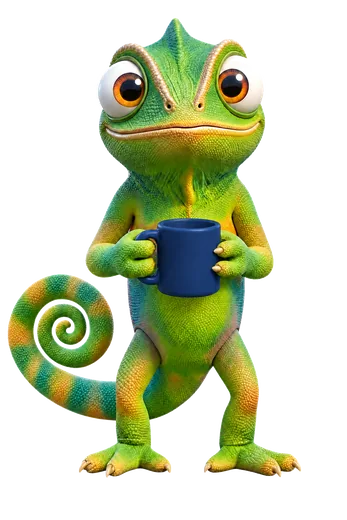 Nex, de kameleon van Unexus, met een mok