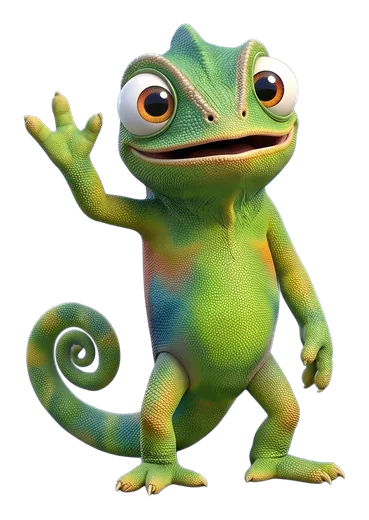 Nex, de kameleon van Unexus, zwaait